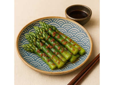 Esparragos verdes marinados en miso picante
